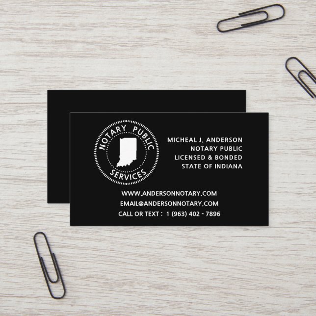 Indiana Notary Public Services Business Card (Front/Back In Situ)