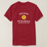 Indiana Pickleball Add Club Partner Name Custom T-Shirt<br><div class="desc">Show off your love of Indiana pickleball (easily change state name and shirt color) with this awesome pickleball shirt for clubs, teams, partners or everyday court wear. Just add your 3 lines of custom text to make a totally unique pickleball shirt. Great for tournaments, matching club shirts or to give...</div>