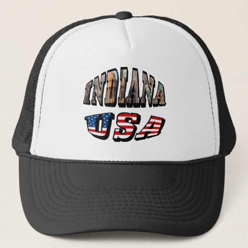 Indiana Picture and USA Flag Text Trucker Hat