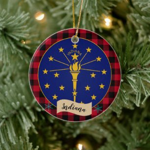 Indiana, Red buffalo plaid & Indiana Flag Ceramic Ornament