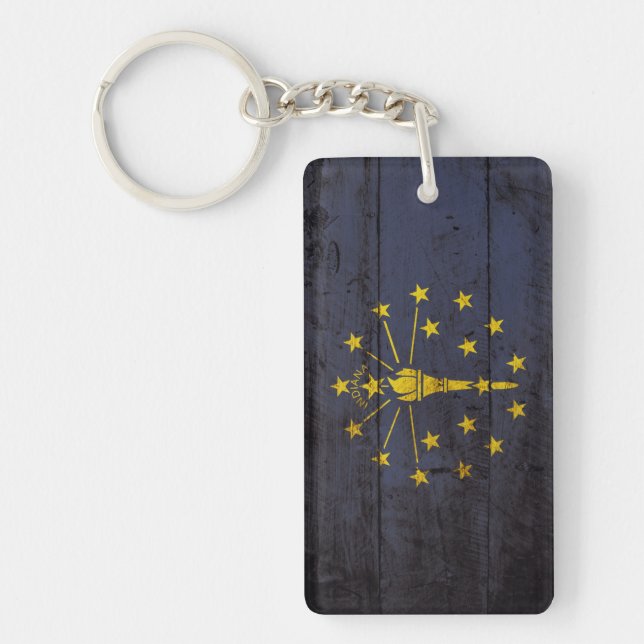 Indiana State Flag on Old Wood Grain Keychain (Front)