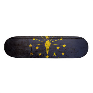 Indiana State Flag on Old Wood Grain Skateboard Deck