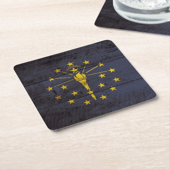 Indiana State Flag on Old Wood Grain Square Paper Coaster (Angled)