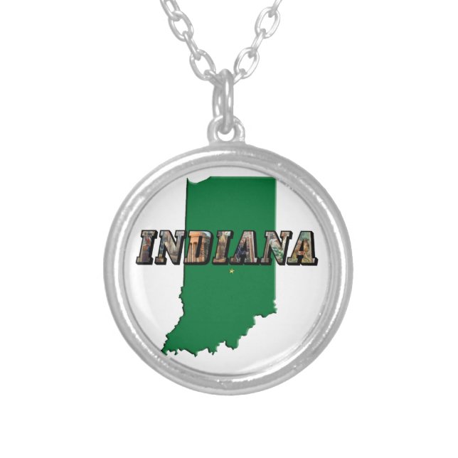 Indiana State Map Green Outline & Photo Text Round Silver Plated Necklace (Front)