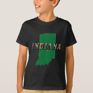 Indiana State Map Green Outline & Photo Text T-Shirt