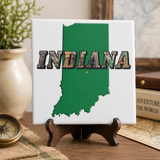 Indiana State Map Green Outline & Photo Text Tile (Indiana State Map Green Outline & Photo Text Tile)