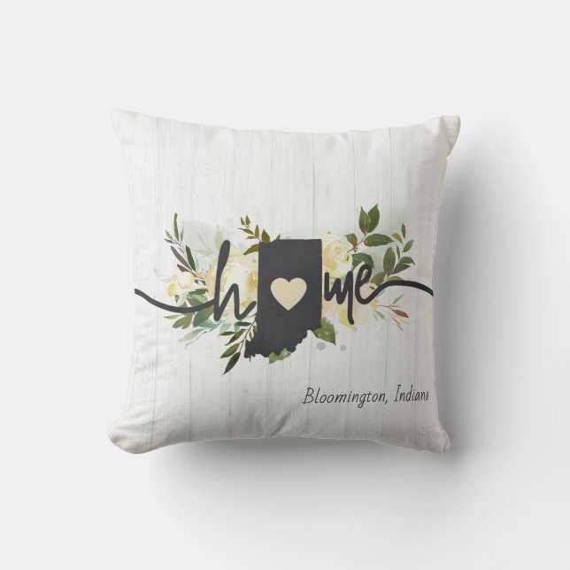 Indiana State Personalized Your Home City Rustic Throw Pillow (Front)