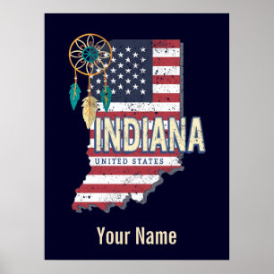 Indiana State United States Retro Map Vintage USA Poster
