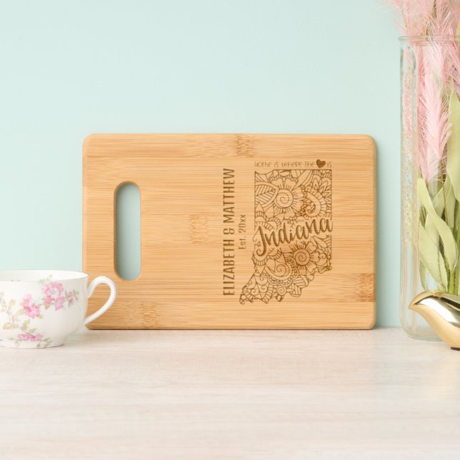 Indiana state wedding couple names date married engraved cutting board (Upright)