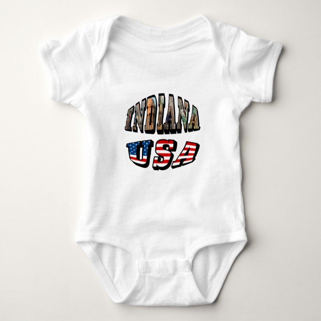 Indiana USA Flag & State Photo Text Baby Bodysuit (Front)