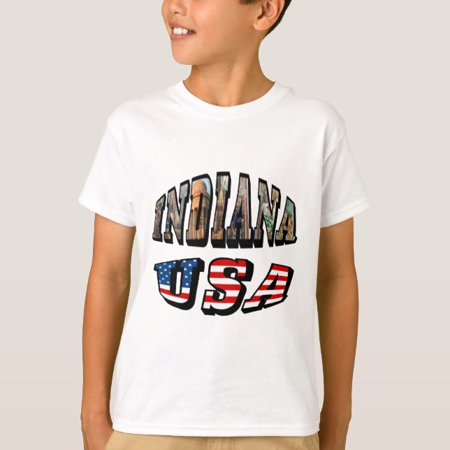 Indiana USA Flag & State Photo Text T-Shirt (Front)