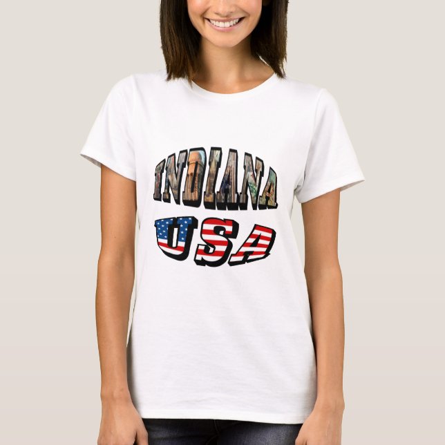 Indiana USA Flag & State Photo Text T-Shirt (Front)