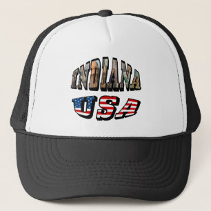 Indiana USA Flag & State Photo Text Trucker Hat