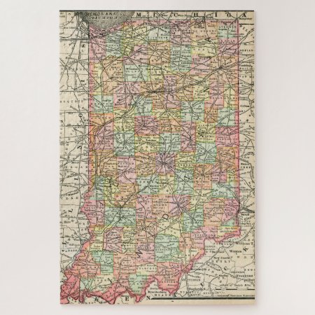 Indiana Vintage Cities & Roads Colorful Map Jigsaw Puzzle