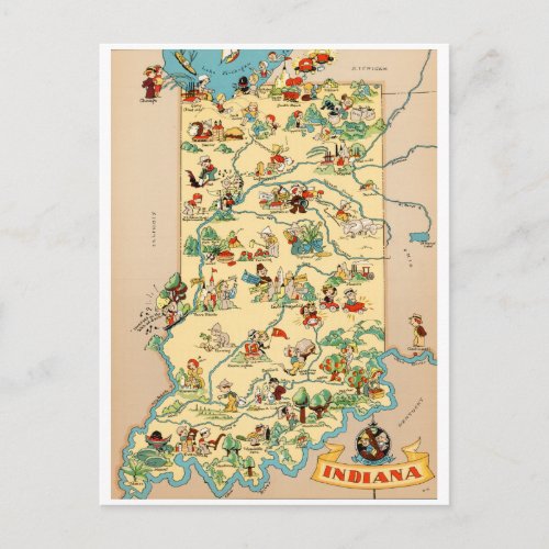 Indiana Vintage Map Postcard