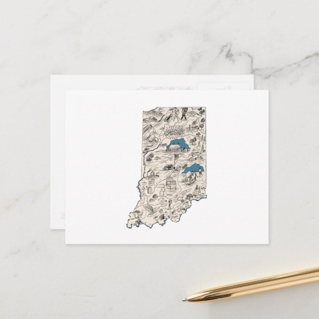 Indiana Vintage Picture Map Antique State Chart Postcard (Front/Back In Situ)