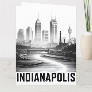 Indianapolis Indiana Skyline Black White Woodcut Card