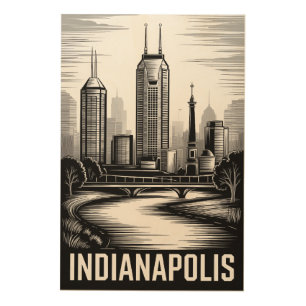 Indianapolis Indiana Skyline Black White Woodcut Wood Wall Art