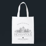 Indianapolis, Indiana Wedding | Stylized Skyline Grocery Bag<br><div class="desc">A unique wedding bag for a wedding taking place in the beautiful city of Indianapolis,  Indiana.  This bag features a stylized illustration of the city's unique skyline with its name underneath.  This is followed by your wedding day information in a matching open lined style.</div>