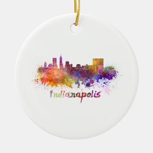 Indianapolis skyline in watercolor ceramic ornament