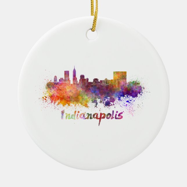 Indianapolis skyline in watercolor ceramic ornament (Front)
