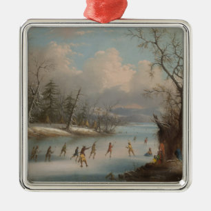 Indians Playing Lacrosse on the Ice Metal Ornament