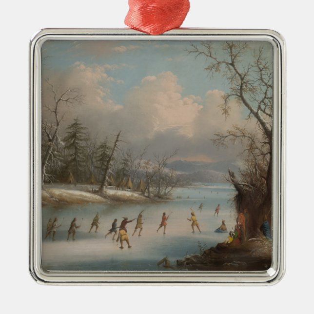 Indians Playing Lacrosse on the Ice Metal Ornament (Front)