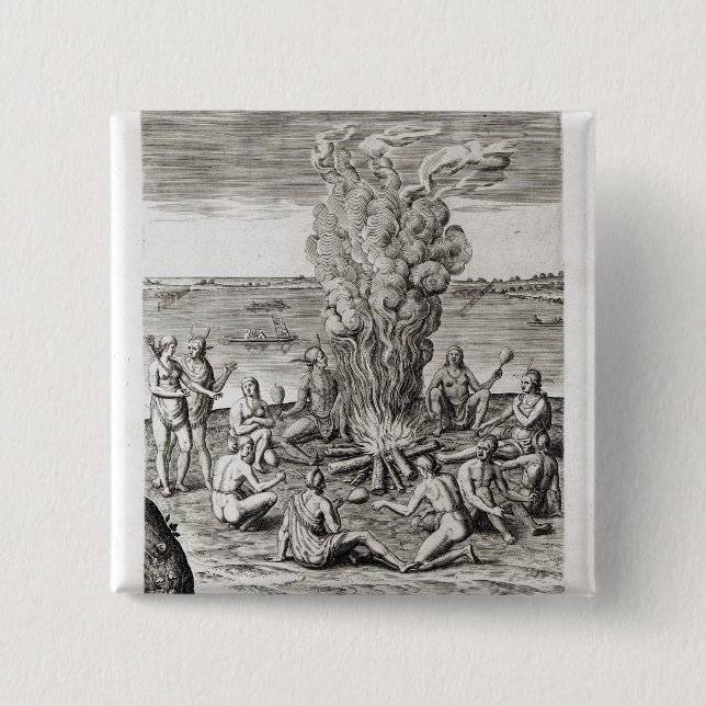 Indians praying around a fire, engraving button (Front)