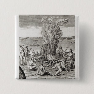 Indians praying around a fire, engraving button