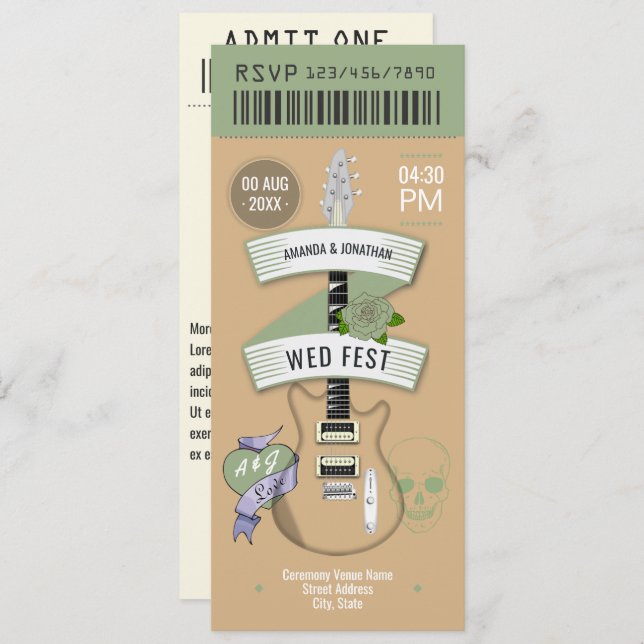 Indie Acoustic Rock ’n’ Roll Wedding Ticket Invitation (Front/Back)