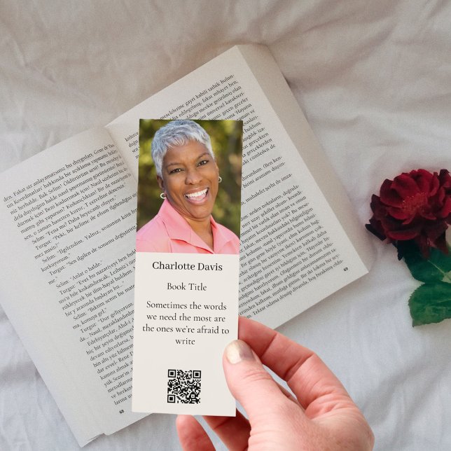 Indie author photo biography QR promotion beige Bookmarks (Creator Uploaded)