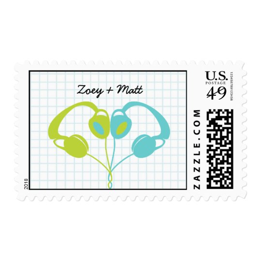 Indie Headphone Heart Blue / Lime Green Wedding Postage