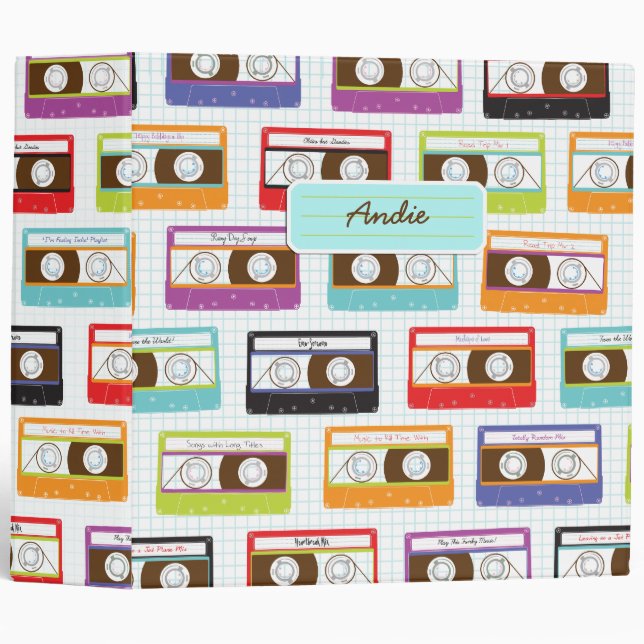 Indie Mixtapes Retro 80s Cassette Tape Pattern 3 Ring Binder (Front/Spine)