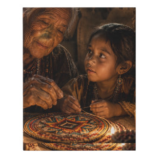 indigenous grandmother, granddaughter, beadwork faux canvas print