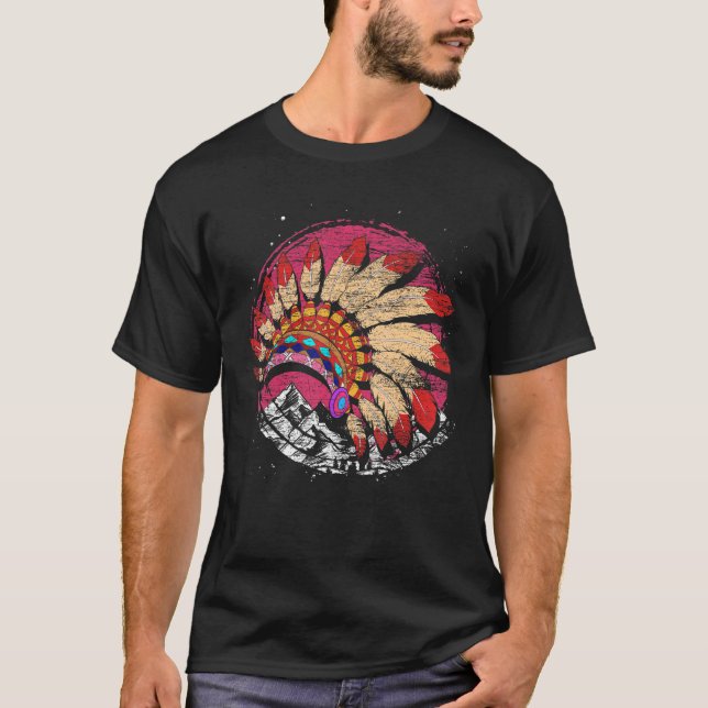 Indigenous Headdress Mountains Indian Native Ameri T-Shirt (Front)
