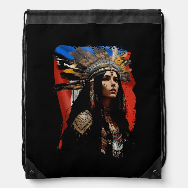 Indigenous Taino Woman Puerto Rican Flag Caribbean Drawstring Bag (Front)