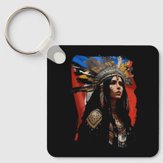 Indigenous Taino Woman Puerto Rican Flag Caribbean Keychain (Front)