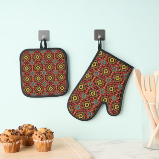 Indigenous Tribal Native Pattern Oven Mitt & Pot Holder Set