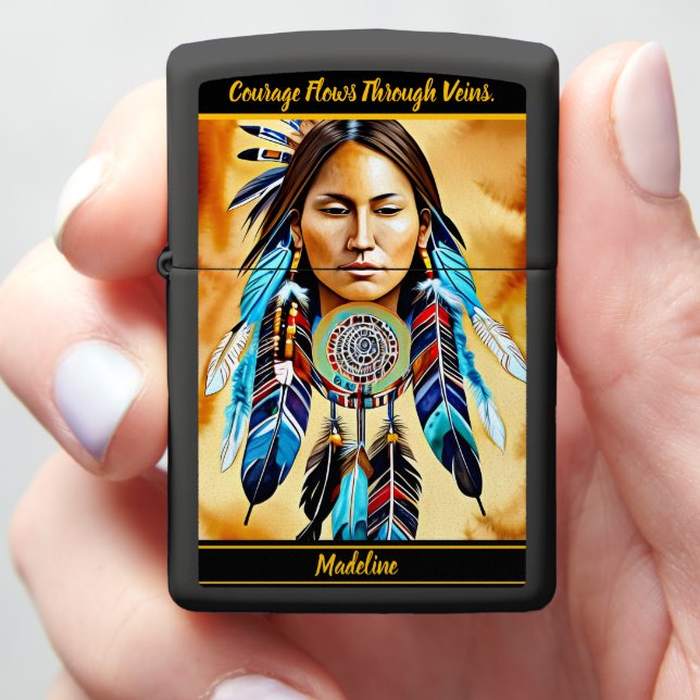Indigenous Warrior Adorned: Native Flair Zippo Lighter (In Hand)