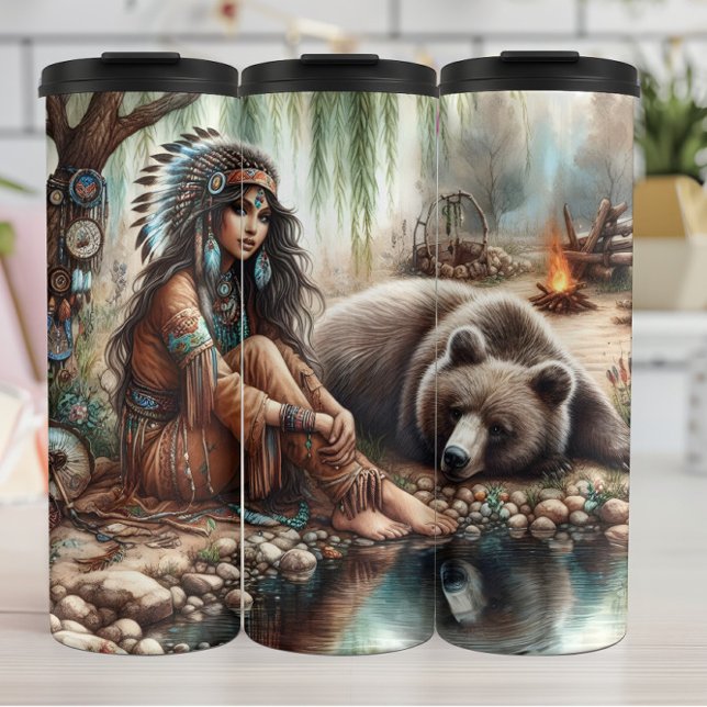 Indigenous Woman, Bear, Water: Reflection Thermal Tumbler (Creator Uploaded)