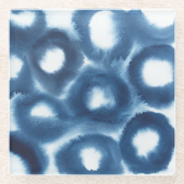 Indigio Watercolor Print Circles Glass Coaster (Front)