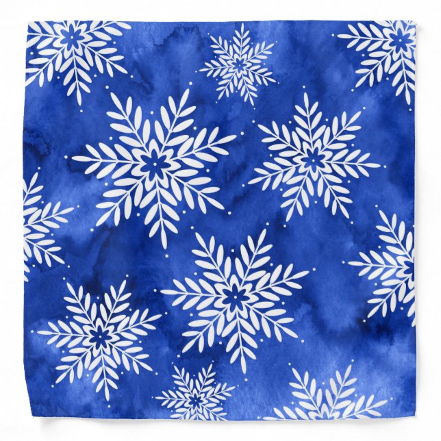 Indigo Abstract Watercolor Snowflakes   Bandana (Front)
