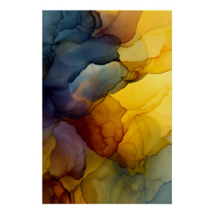 Indigo Amber Alcohol Ink Flow Abstract Poster