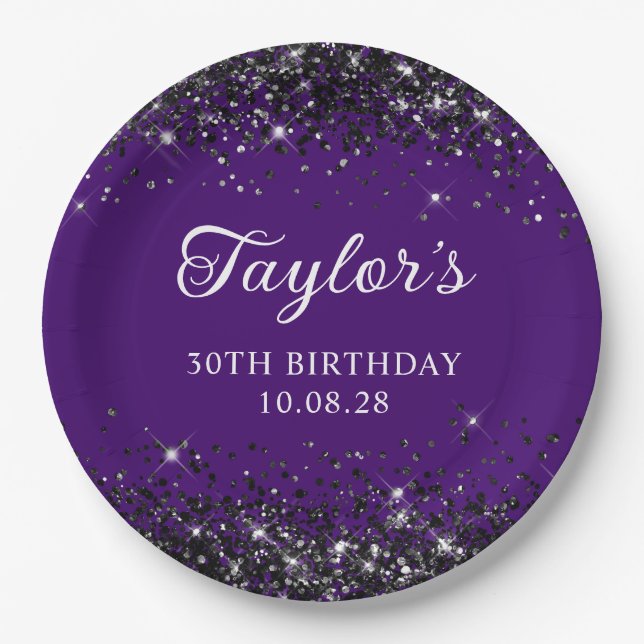 Indigo and Black Glitter 30th Birthday Paper Plates (Front)