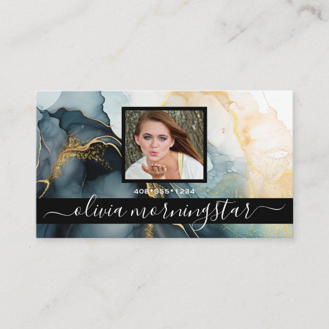 Indigo and Gold  Dark Fluid Ink QR and Photo  Business Card (Front)