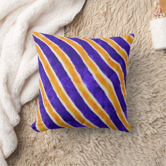 Indigo and Orange watercolor stripes Throw Pillow