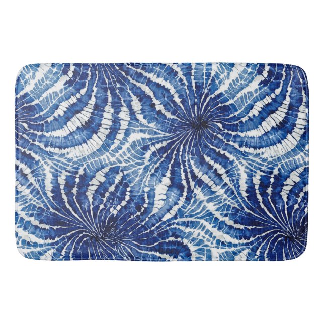 indigo and white abstract tie dye pattern bath mat (Front)
