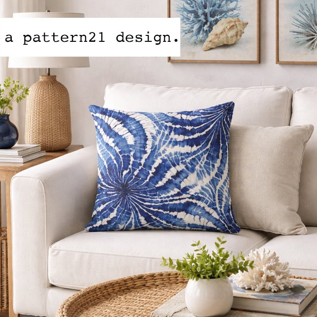 indigo and white abstract tie dye pattern throw pillow (Indigo shibori pillow brings relaxed coastal texture to bright beach inspired spaces.)