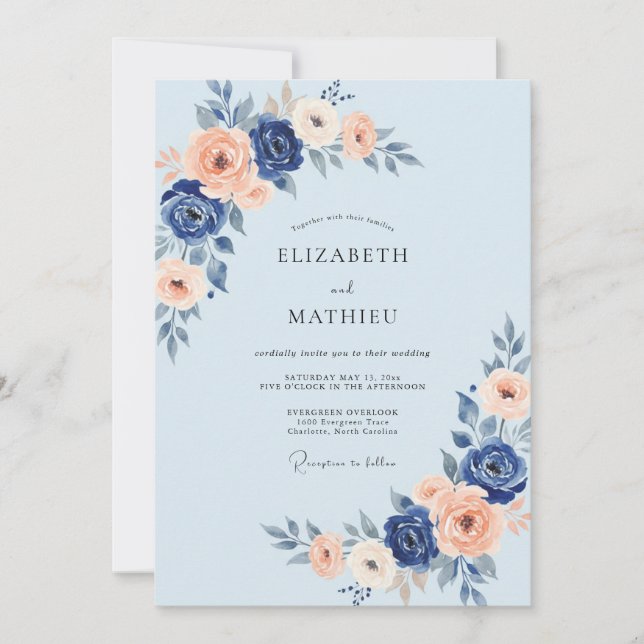 Indigo Apricot Ranunculus Eucalyptus Wedding Invitation (Front)