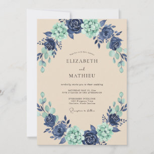Indigo Aqua Painted Wreath Wedding Invitation